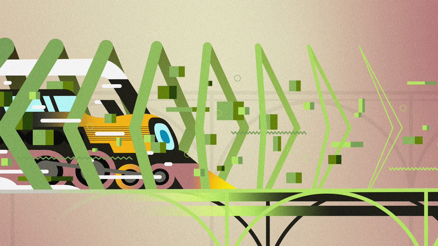 Illustration of a very fast train surrounded by code and cubes.