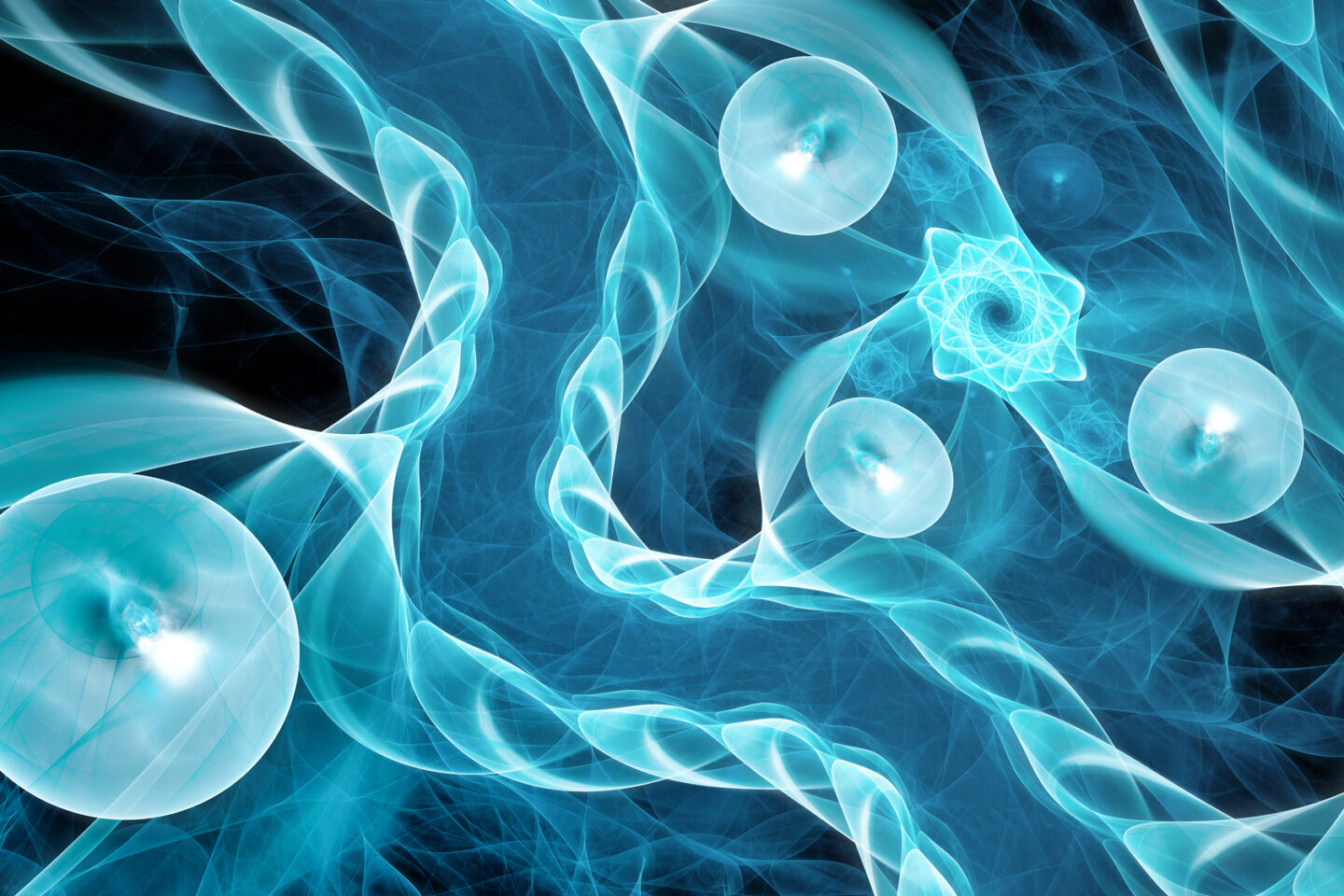 Illustration of a blue-green glowing quantum background with particles floating around.