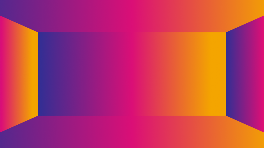 A vibrant geometric design with a 3D effect, featuring a square tunnel in shades of purple, pink, and yellow-orange gradients.