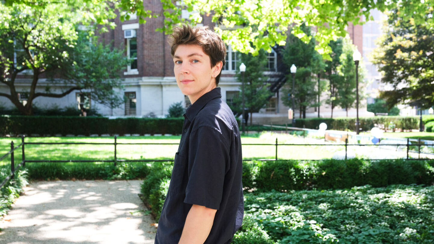 Photo of Elise LePage standing outside the Mathematics building at Columbia University.