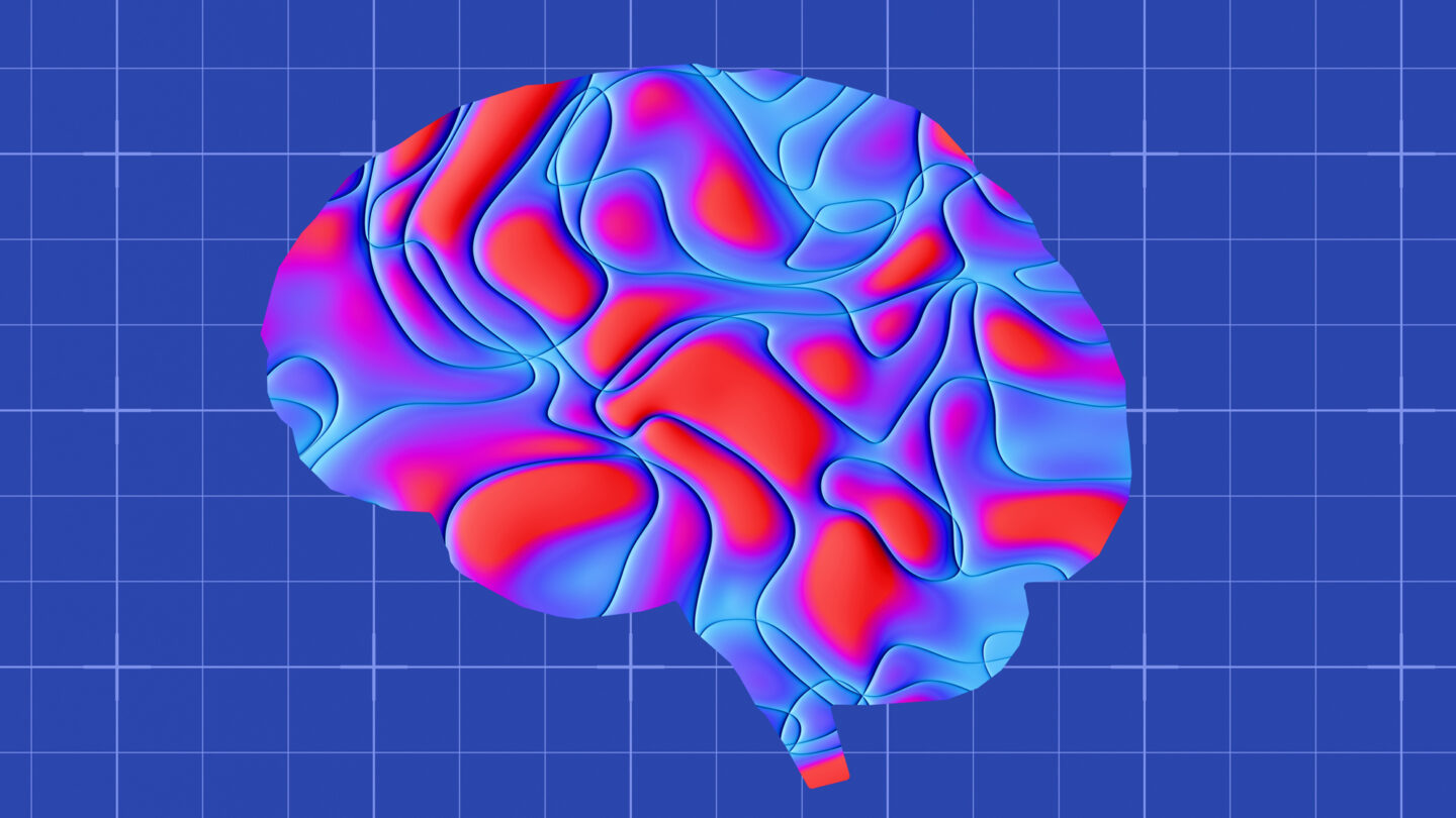 An abstract brain shape filled with swirling red, blue, and purple patterns is set against a blue grid background.