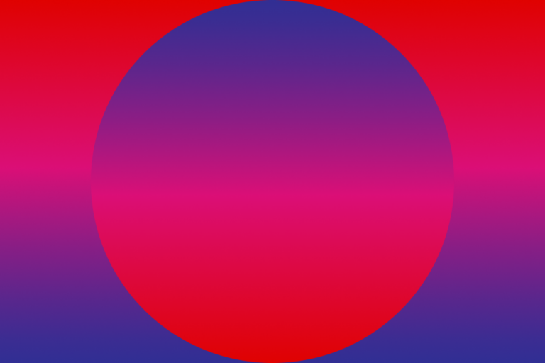 A large circle with a blue to pink gradient sits centered on a background that fades from red at the top to blue at the bottom, creating a vibrant, abstract design.