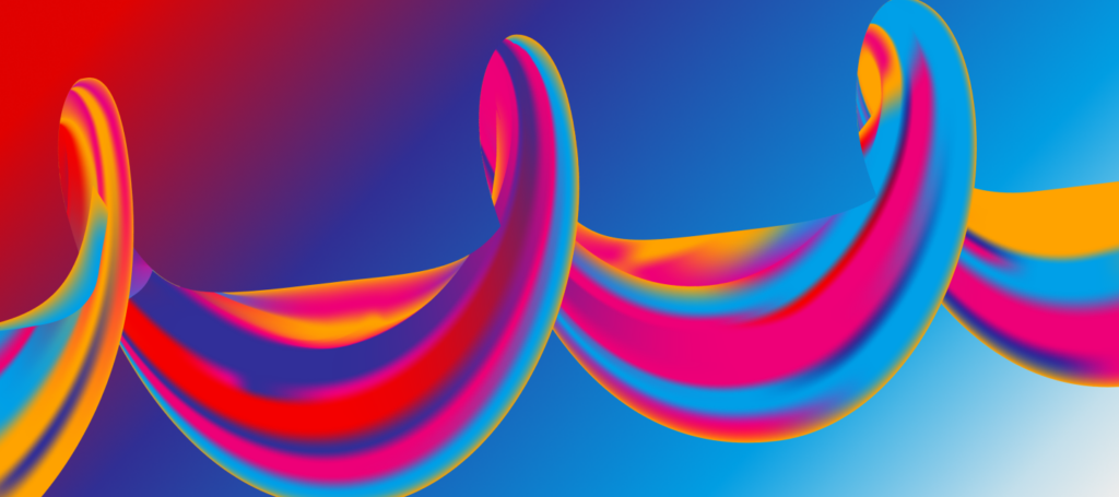 Colorful, swirling ribbons in red, blue, pink, and yellow curve against a vibrant gradient background, blending from deep blue to red and light blue, creating an abstract, dynamic scene.
