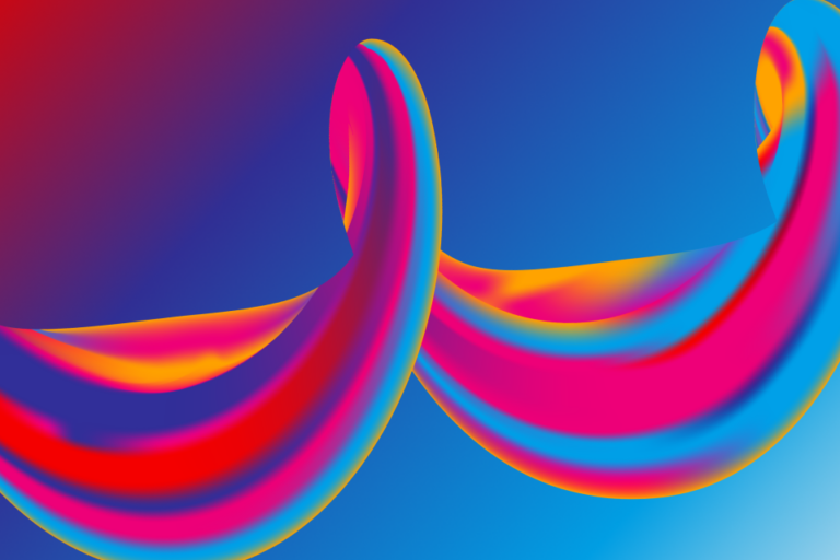 Colorful, swirling ribbons in red, blue, pink, and yellow curve against a vibrant gradient background, blending from deep blue to red and light blue, creating an abstract, dynamic scene.