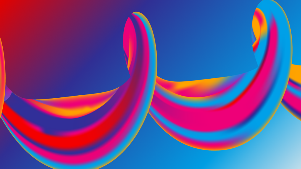 Colorful, wavy abstract shapes with red, blue, yellow, and pink gradients curve across a blue background, creating a vibrant and dynamic visual effect.