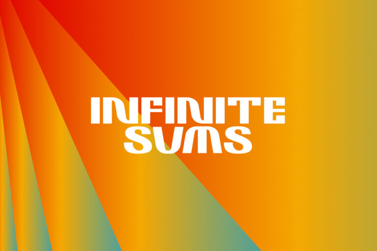 Colorful gradient background with red, yellow, and blue hues, featuring bold, white text in the center that reads INFINITE SUMS in a modern, stylized font.