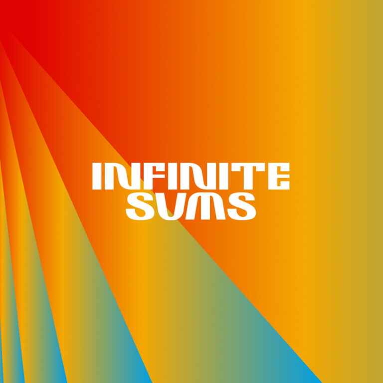 Colorful gradient background with red, yellow, and blue hues, featuring bold, white text in the center that reads INFINITE SUMS in a modern, stylized font.