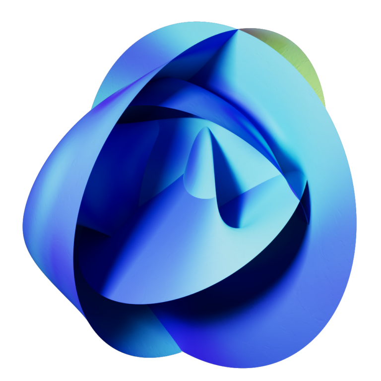 Abstract 3D shape with smooth, overlapping blue and cyan surfaces, forming a dynamic, flowing spiral pattern against a white background. Subtle gradients and shadows add depth and movement to the geometric design.