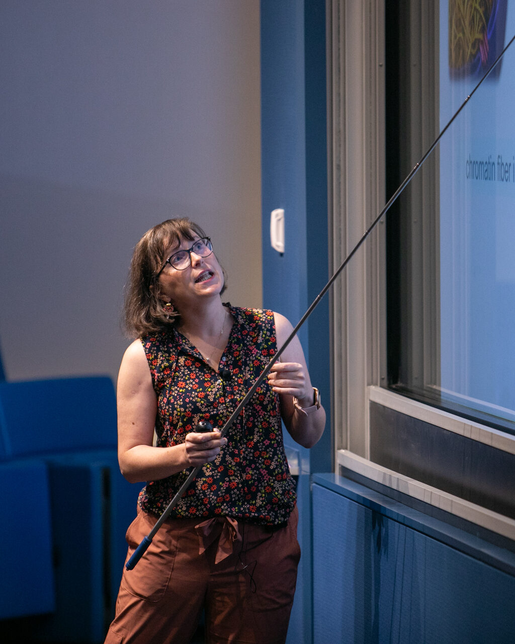 A woman with glasses points at a projected presentation slide with a long stick in a lecture room with blue seats and a podium.