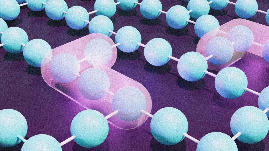 A digital illustration of a molecular structure with light blue spheres connected by rods, arranged in rows on a dark background, and two spheres enclosed in a pink translucent loop.