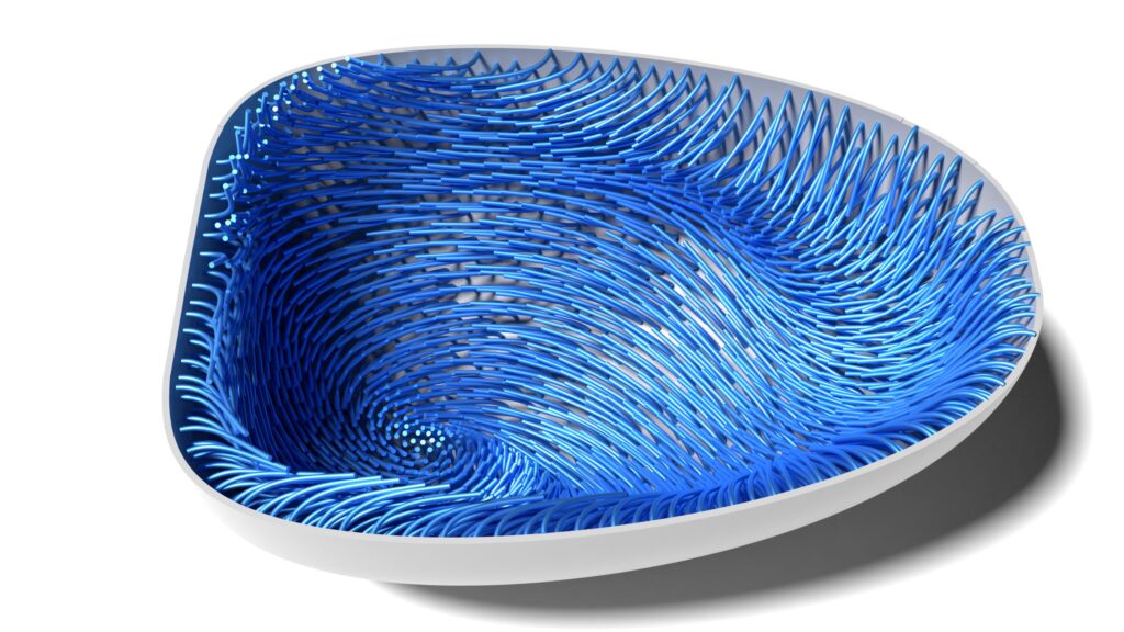 A modern, abstract bowl with swirling blue, wave-like strands spiraling inside a smooth, white, rounded triangular shell on a white background.