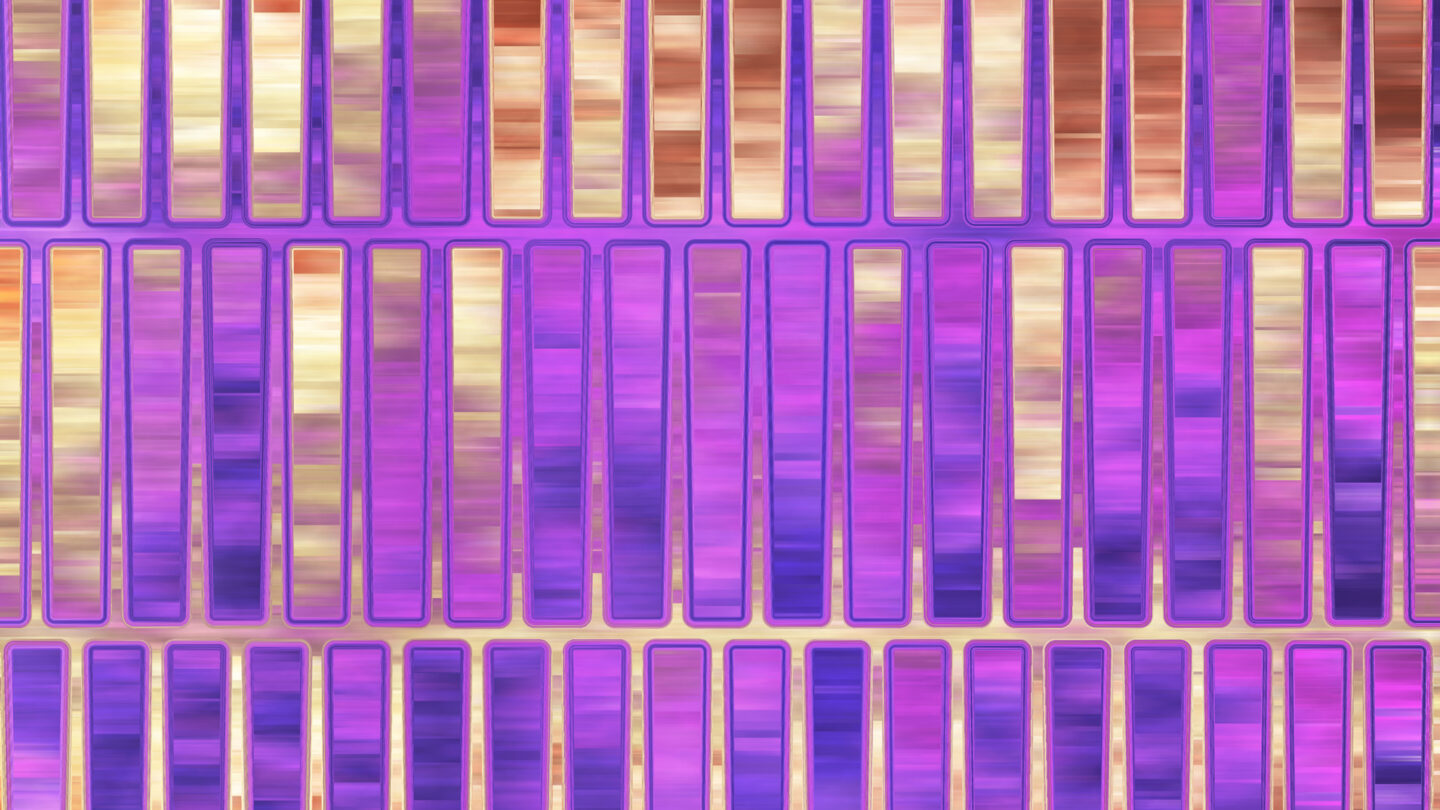 Abstract image with vertical rectangles outlined in purple, filled with various shades of purple, gold, and brown, creating a grid-like pattern with a colorful, blurred effect inside each rectangle.