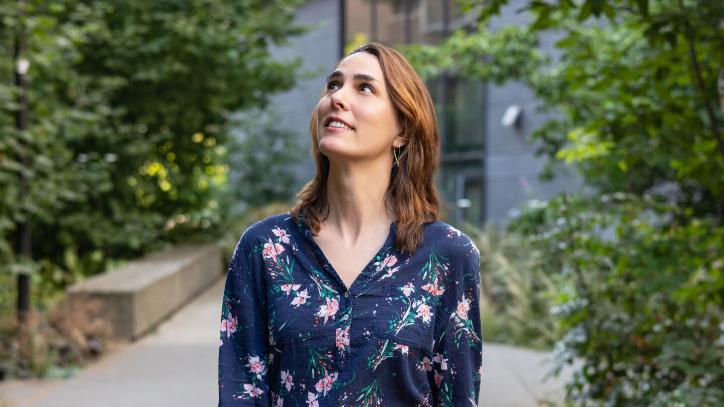 Sofia Landi walking in the grounds outside the Buffalo Memory Lab.