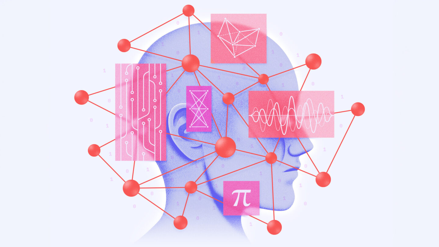 A side profile of a human head surrounded by a glowing red network of nodes and lines, incorporating digital icons representing circuits, waves, geometry, and the mathematical constant pi.