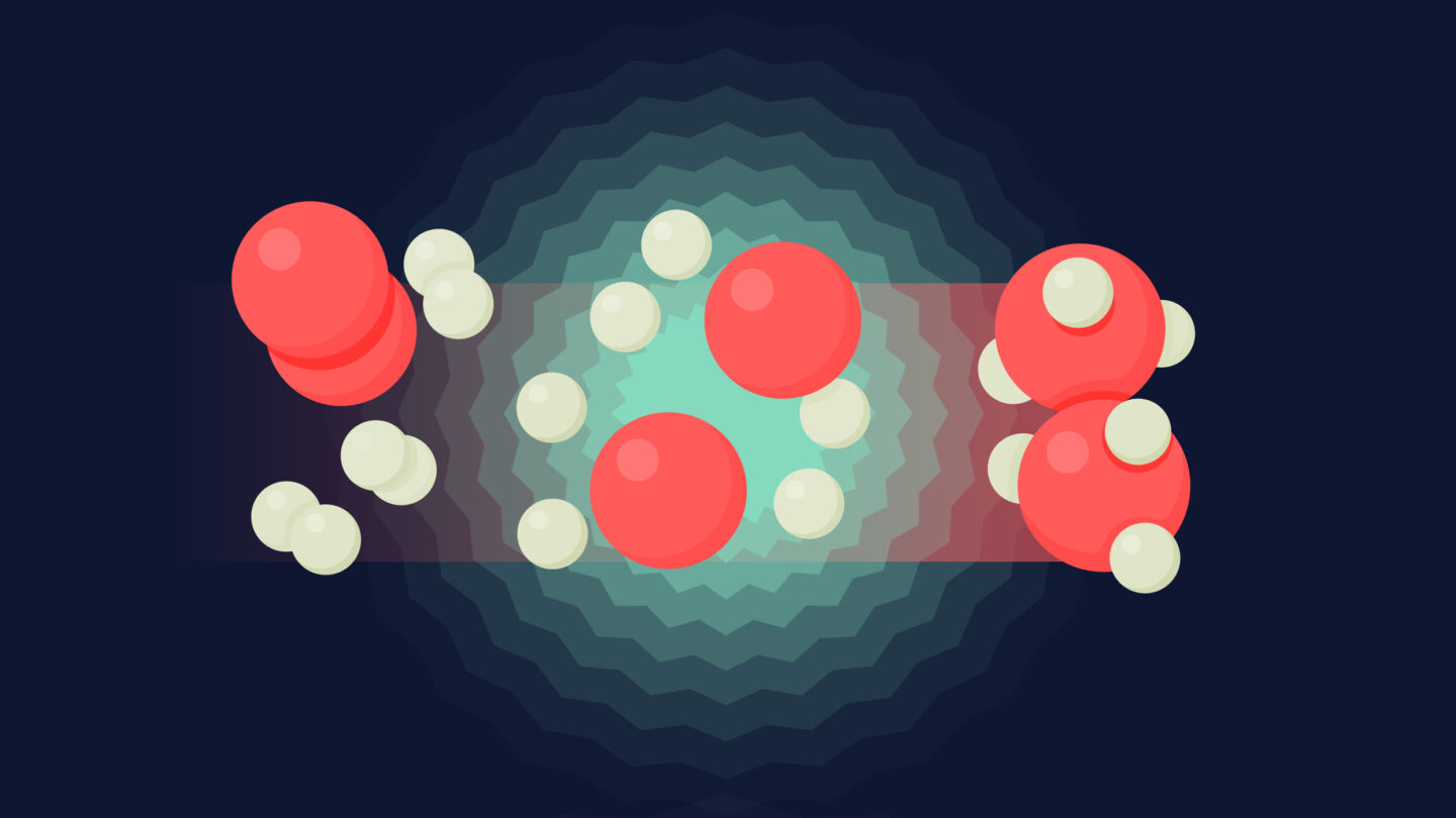 Illustration of molecules with large red and smaller white spheres clustered together, set against a dark background with a teal, radiating, circular pattern in the center.