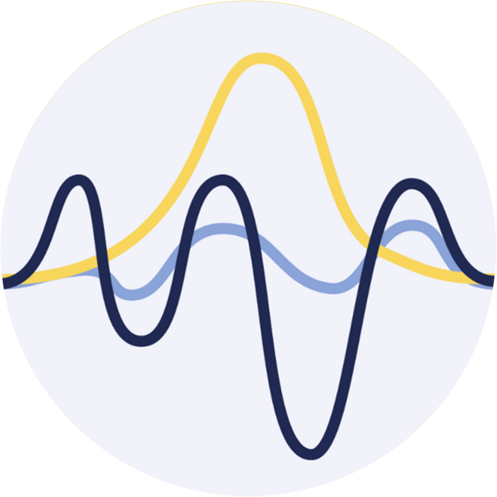Three overlapping wavy lines—dark blue, light blue, and yellow—are shown against a light background, each representing different waveforms or data trends.