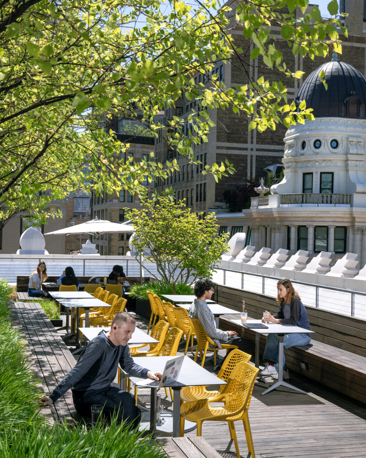 People sit at yellow tables on a sunny rooftop patio, working on laptops or talking. Trees provide shade, and city buildings with domes and balconies are visible in the background.