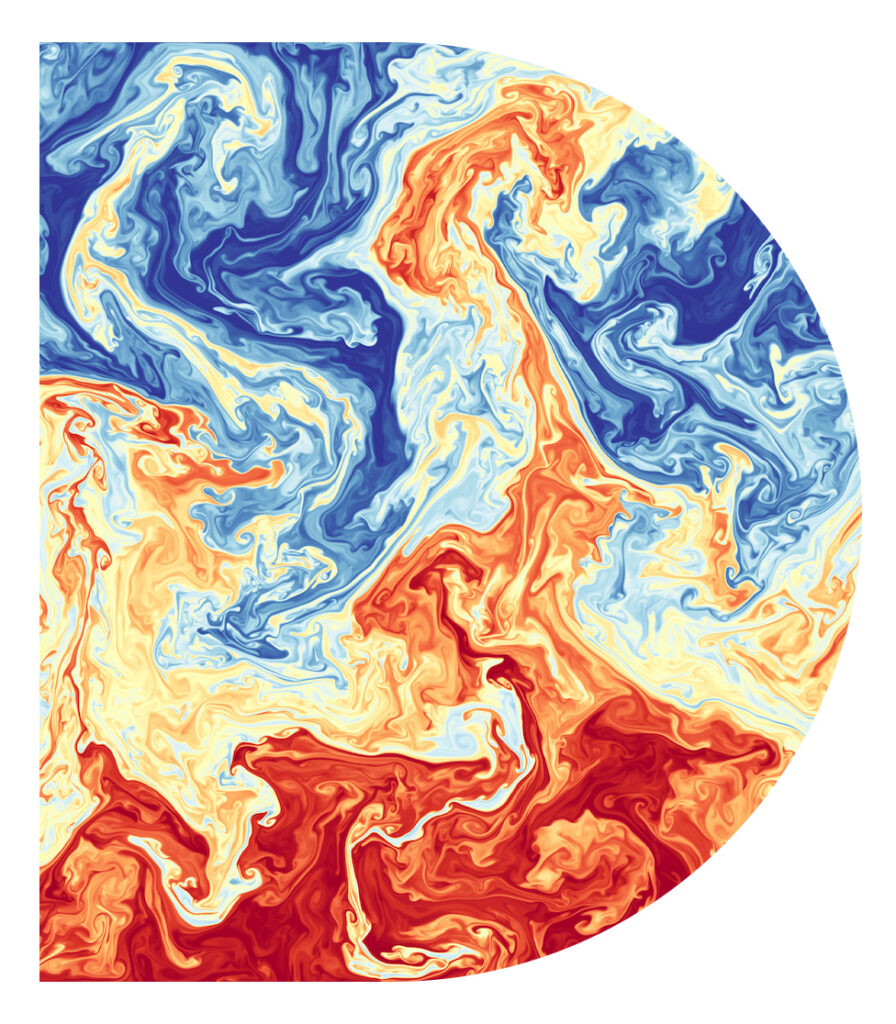 A capital letter D filled with a swirling, marbled pattern in blue, white, yellow, and red tones on a white background.