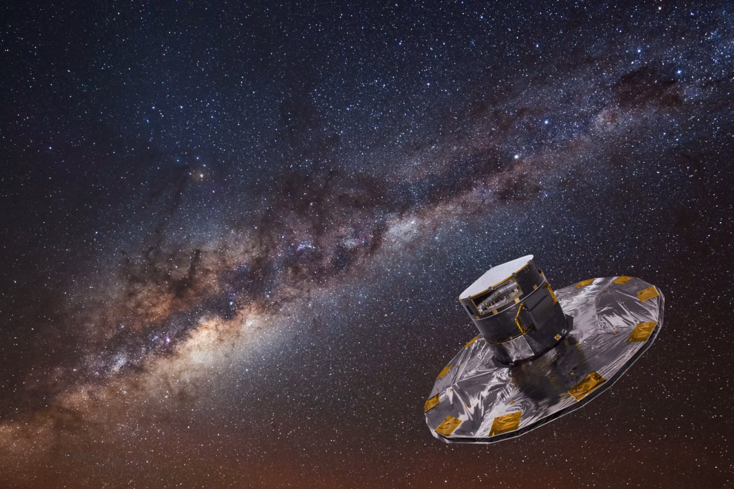 The Gaia space observatory orbits against the backdrop of the Milky Way galaxy.