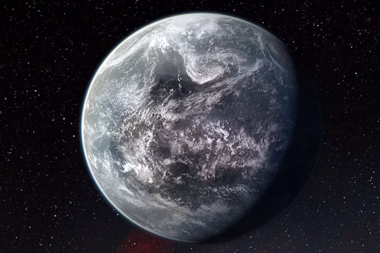 A planet with grey and white cloud cover set against a backdrop of deep space filled with stars.