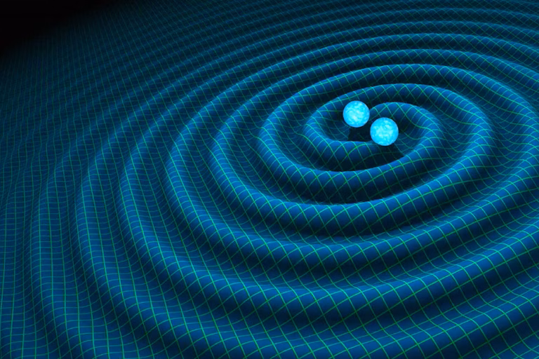 Two glowing spheres orbiting each other, creating ripples in a blue, grid-like fabric of space-time.