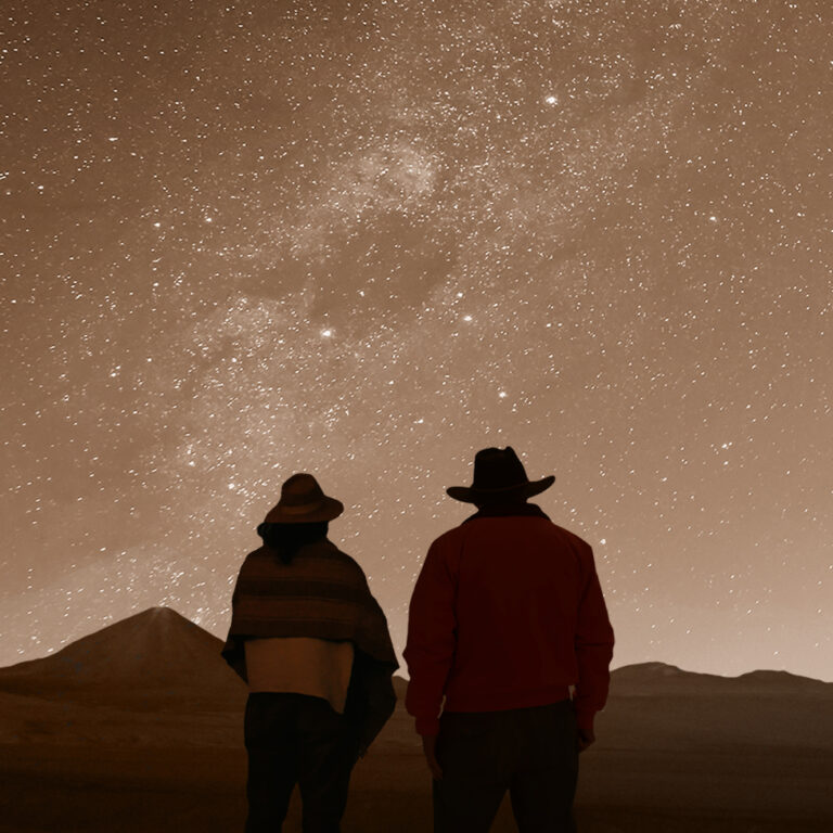 Two people in hats stand in a desert landscape at night, looking up at a vast, starry sky.