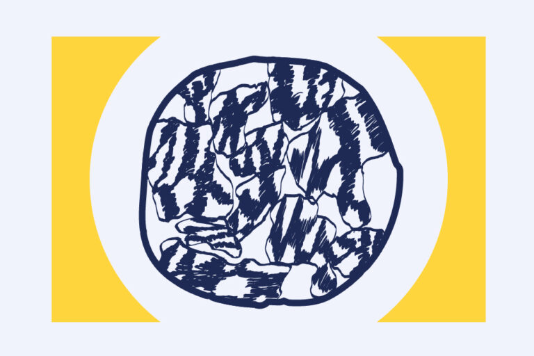 A circular illustration featuring a dark blue, scribble-textured pattern inside a white circle against a yellow background.