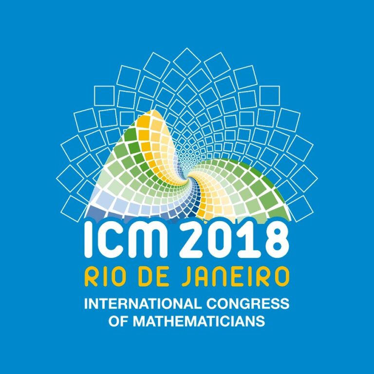 Logo for the 2018 International Congress of Mathematicians in Rio de Janeiro, featuring a spiral pattern of colored squares forming a wave shape.