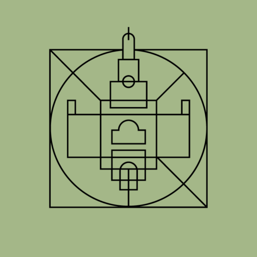 A black-line illustration of a building facade centered within a circle and a square, set against a sage green background.