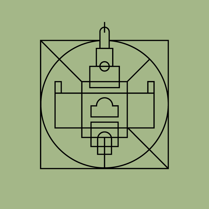 A black-line illustration of a building facade centered within a circle and a square, set against a sage green background.