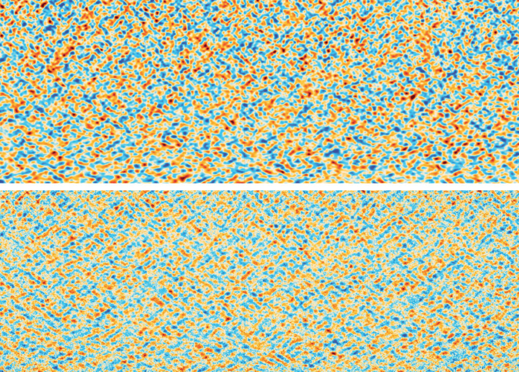Two images of the cosmic microwave background, which looks like a collection of green and orange blobs.