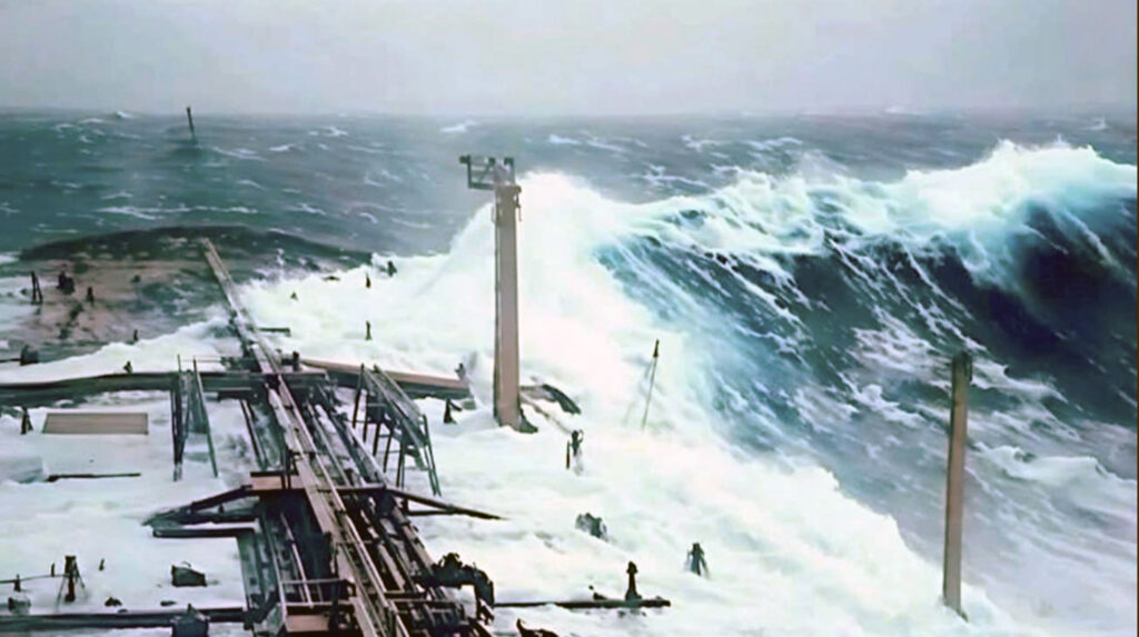 A large wave crashes over a supertanker