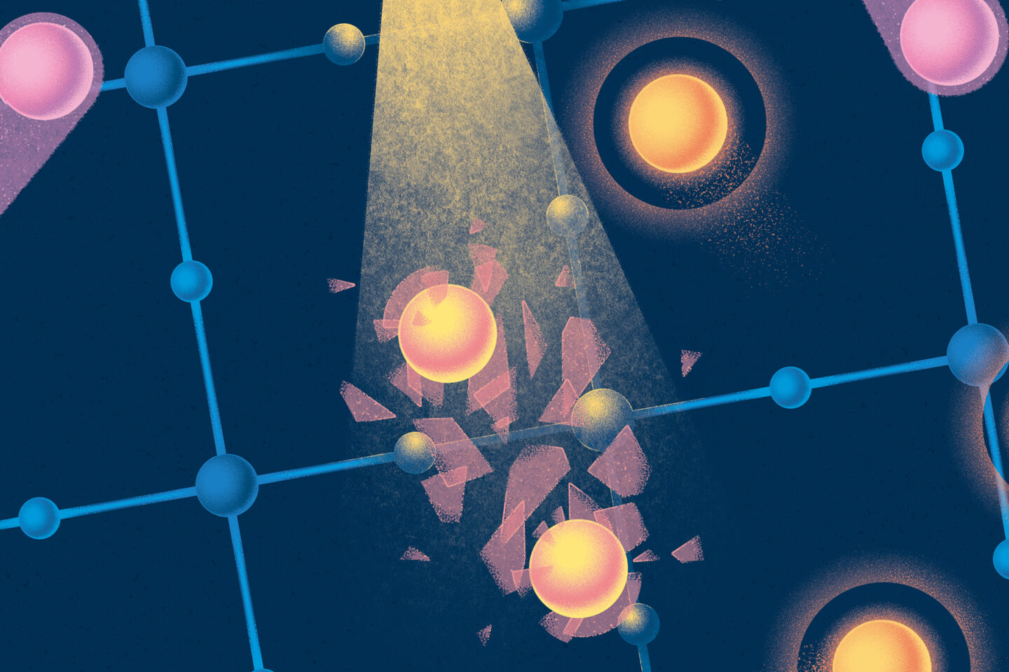 Illustration showing electrons bound in pairs being hit with light