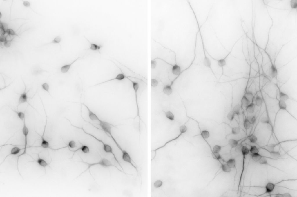 Two images comparing sets of neurons with different lengths of neuronal extensions.