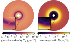 Two circular scientific plots showing gas column density on the left and the dust-to-gas ratio on the right, both featuring zoomed-in inset boxes highlighting specific features in the disk structure.