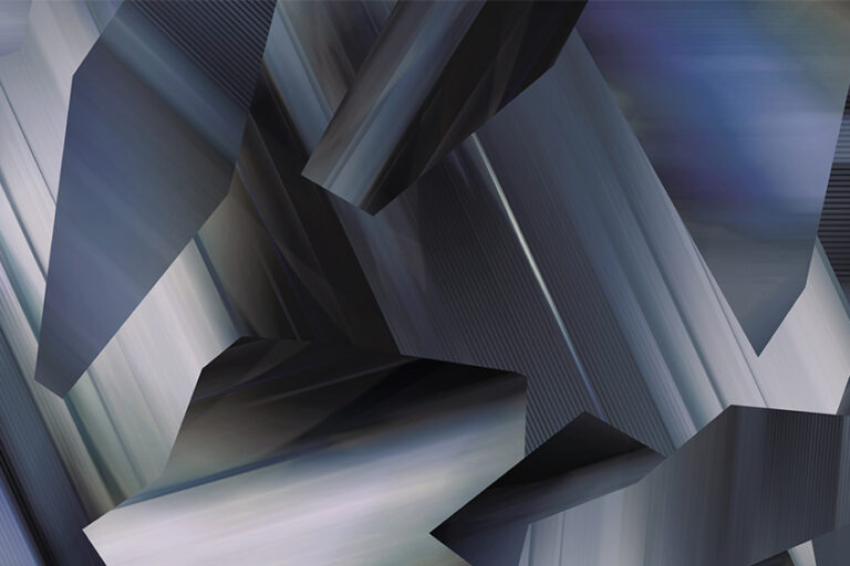 Abstract geometric composition of angular, metallic-looking shapes with dark blue and gray gradients.