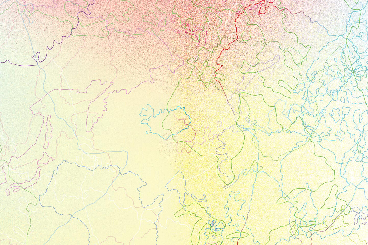 An abstract composition of thin, colorful, interconnected contour lines layered over a soft, grainy gradient of yellow to pink.