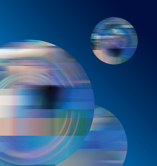 Three circles with a digital glitch or motion blur effect against a dark blue background.