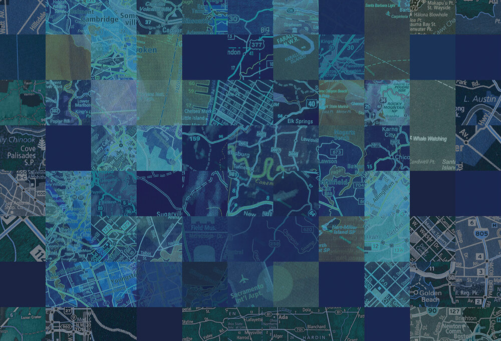 A collage of various road map segments in shades of blue.