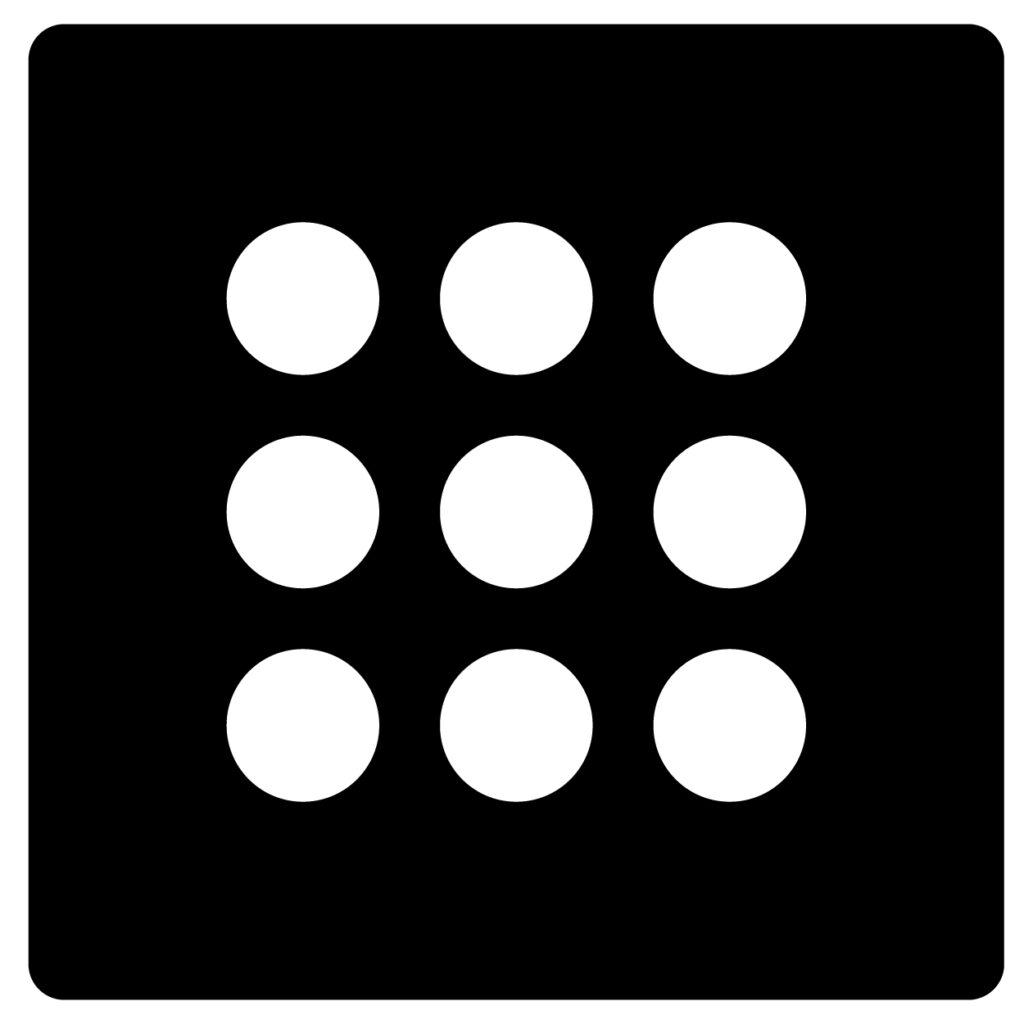 A grid of nine white circles on a black square background.